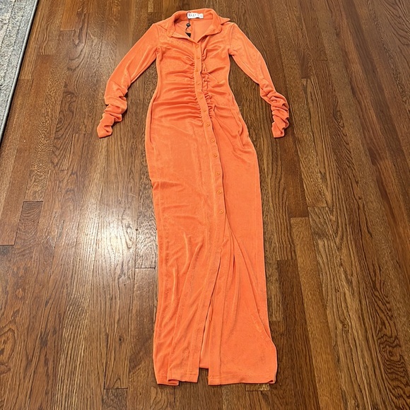 NWT Club L London Restless Heart | Orange Plunge Neck Ruched Detail Maxi Dress - Picture 3 of 8